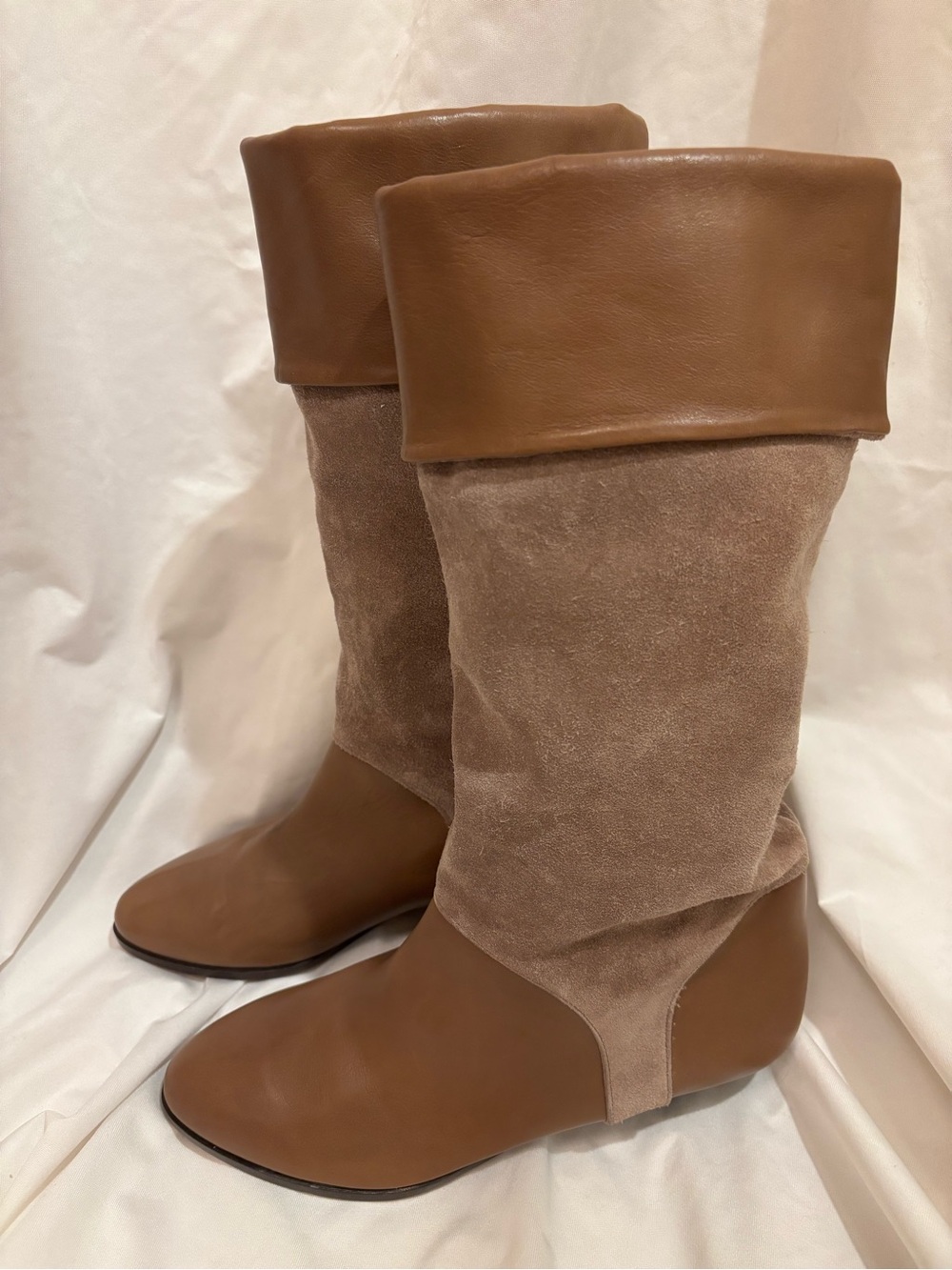 Hana Mackler Brown Fold-Over Suede/Leather Mid-Calf Vintage Boots | Size 5